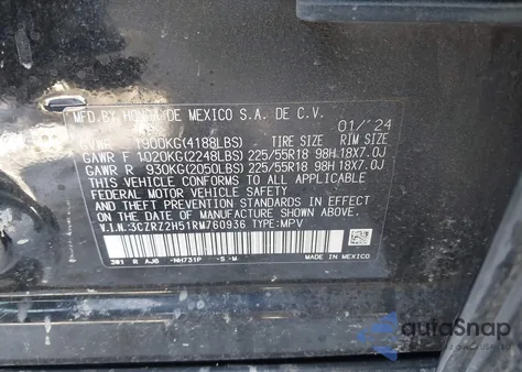 2024 Honda Hr-V Awd Sport/Awd Sport W/O Bsi z USA, uszkodzony, nr VIN 3CZRZ2H51RM760936